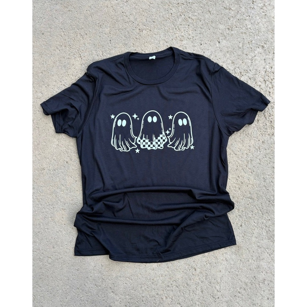 Black Ghost Trio Graphic Print T-Shirt Women's Cute Halloween Tee Top NWOT